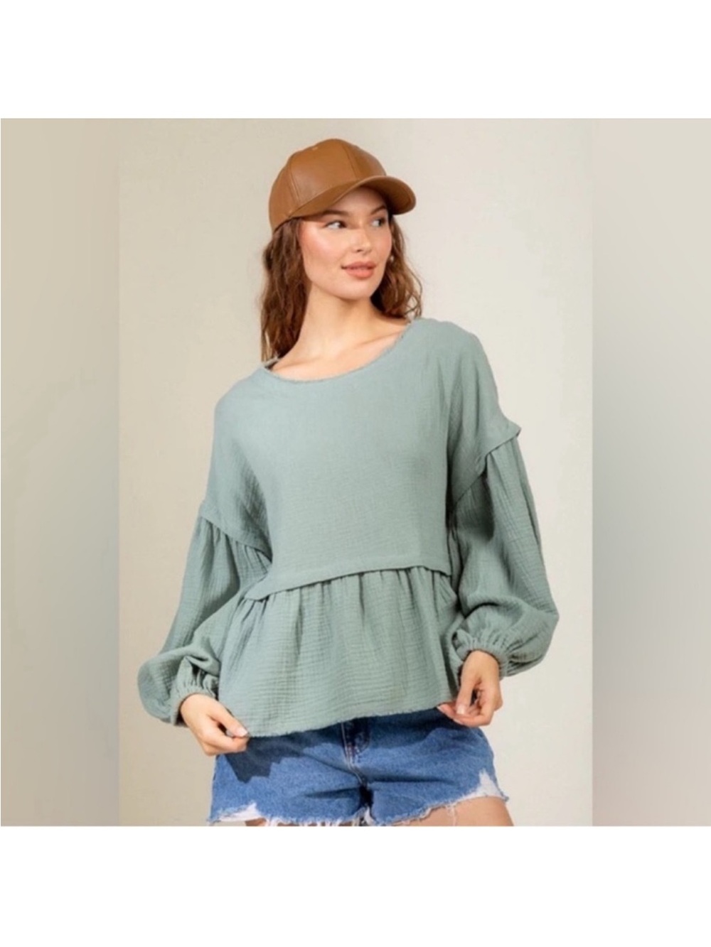 Women’s Babydoll Y2K Muslin Gauze Top/Blouse/Shirt Sz L Green Boho Hippie